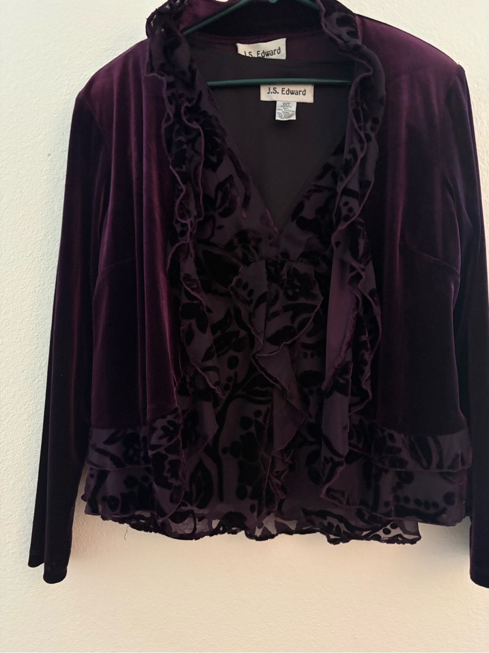 Ruffle V-Neck Velvet Blouse in Deep Purple with Matching Jacket